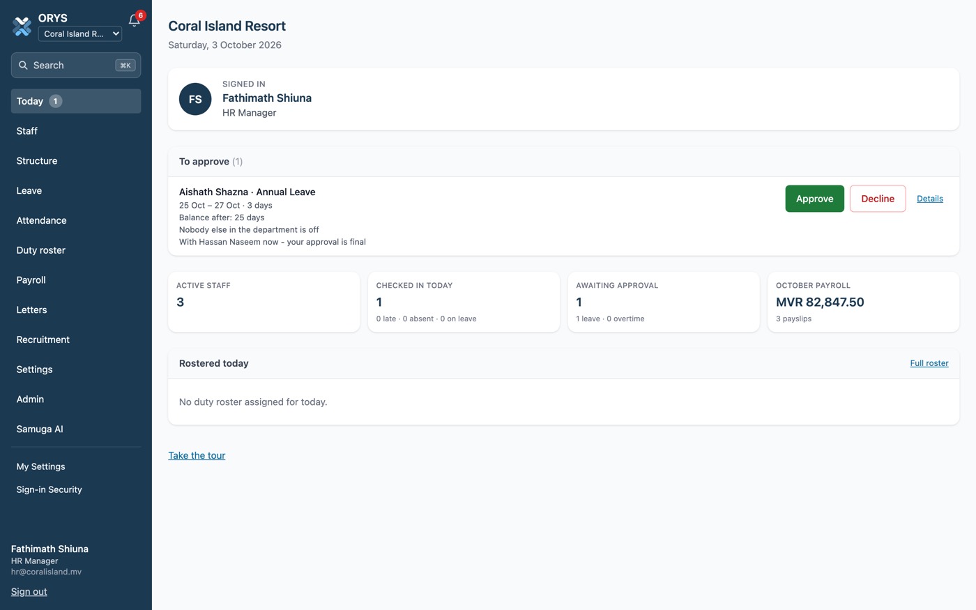 The ORYS HR dashboard, with attendance, approvals and payroll in one place